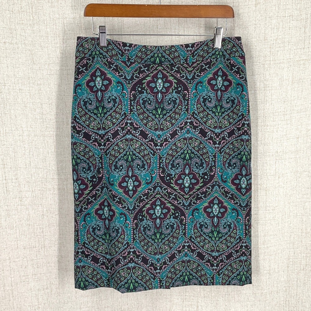 Talbots Pencil Skirt Women 8 Teal Purple Paisley Stretch Professional Bohemian